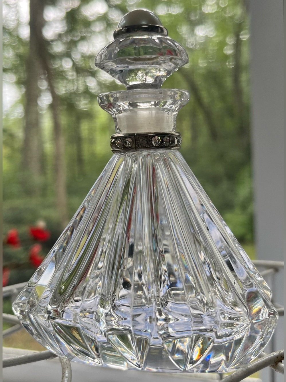 VTG Crystal Perfume Bottle Pearl & Rhinestone Accents Triangle Czech Republic